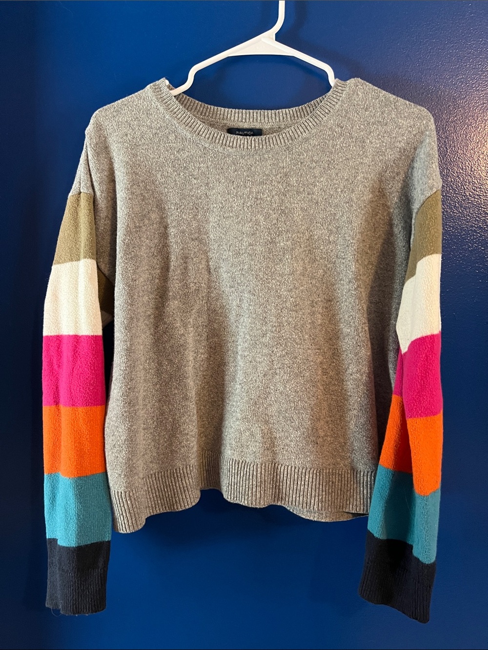 Women’s Nautica Gray Sweater with Colorblock Striped Sleeves
